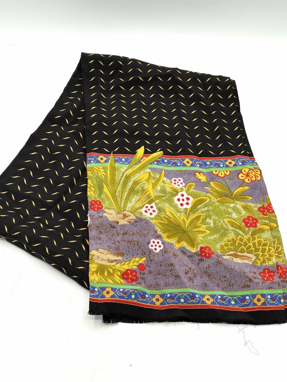 Vintage Floral Silk Scarf Black Fringe Trim Multicolor Neck Wrap Boho Festival